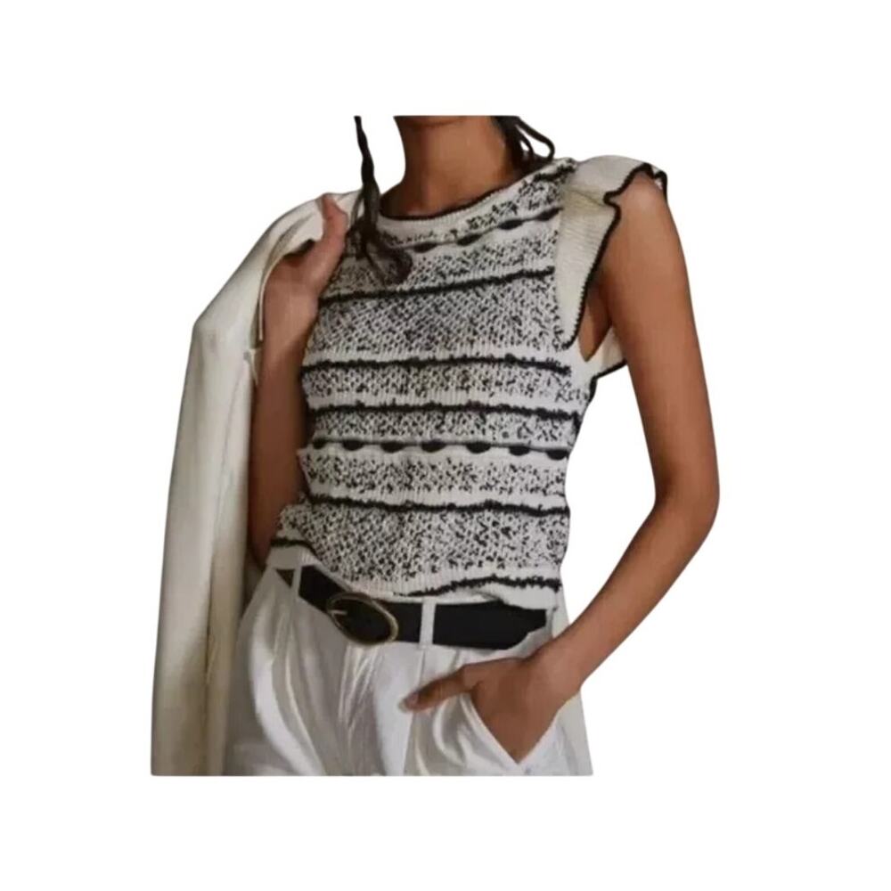 Anthropologie cream black sweater tank ruffle sleeves keyhole back SZ XL P